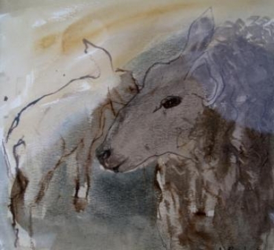 Ewe with Lamb (ink & watercolour ) Sold