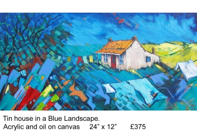 Tin House in the Blue Landscape by Hazel Morris (oil on Canvas) 80 cm x 30 cm £375 plus p+p