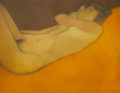 Deb, reclining (pastel & black chalk framed 96 x 90cm) 