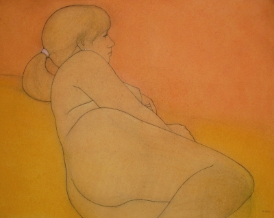 Woman reclining, terracotta and ochre (pastel & black chalk framed 90 x 75cm)  by 