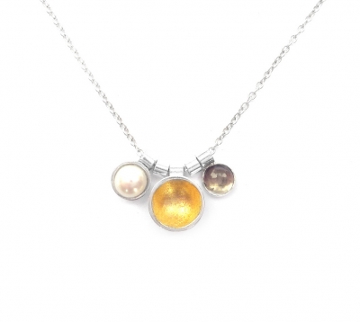 Supernova Pendants (22ct gold leaf lined silver cup, smoky quartz, f.w.pearl) £75 plus delivery