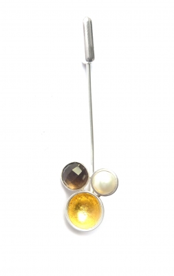 Supernova Pin (silver, 22ct gold leaf lined silver cup, smoky quartz, f.w.pearl) £75 plus delivery