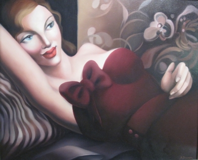 Reclining Woman In Plum (oil on canvas 86 x 73cm framed) £1595 plus delivery by 