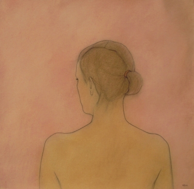Louise, back view, with pink (pastel & black chalk framed 90 x 90cm)  by 