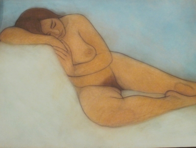 Woman resting, on turquoise (pastel & black chalk framed 120 x 90cm) 