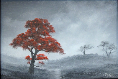 Monotone Landscape with Red Tree 2 by Pip Walters